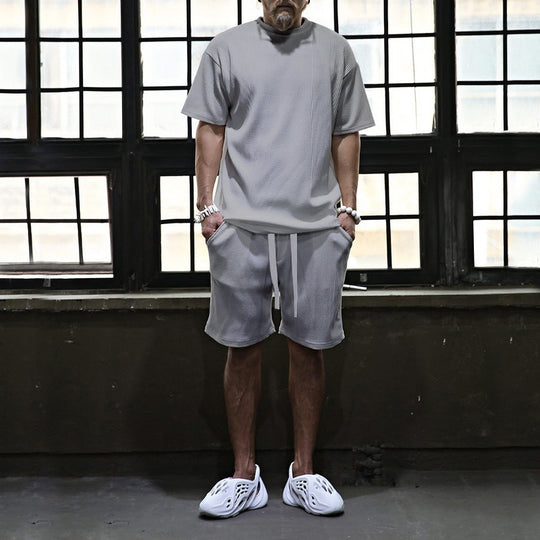 Herren nan lässiges Waffeljersey-Set mit weitem Oberteil und Tunnelzug-Shorts R&B