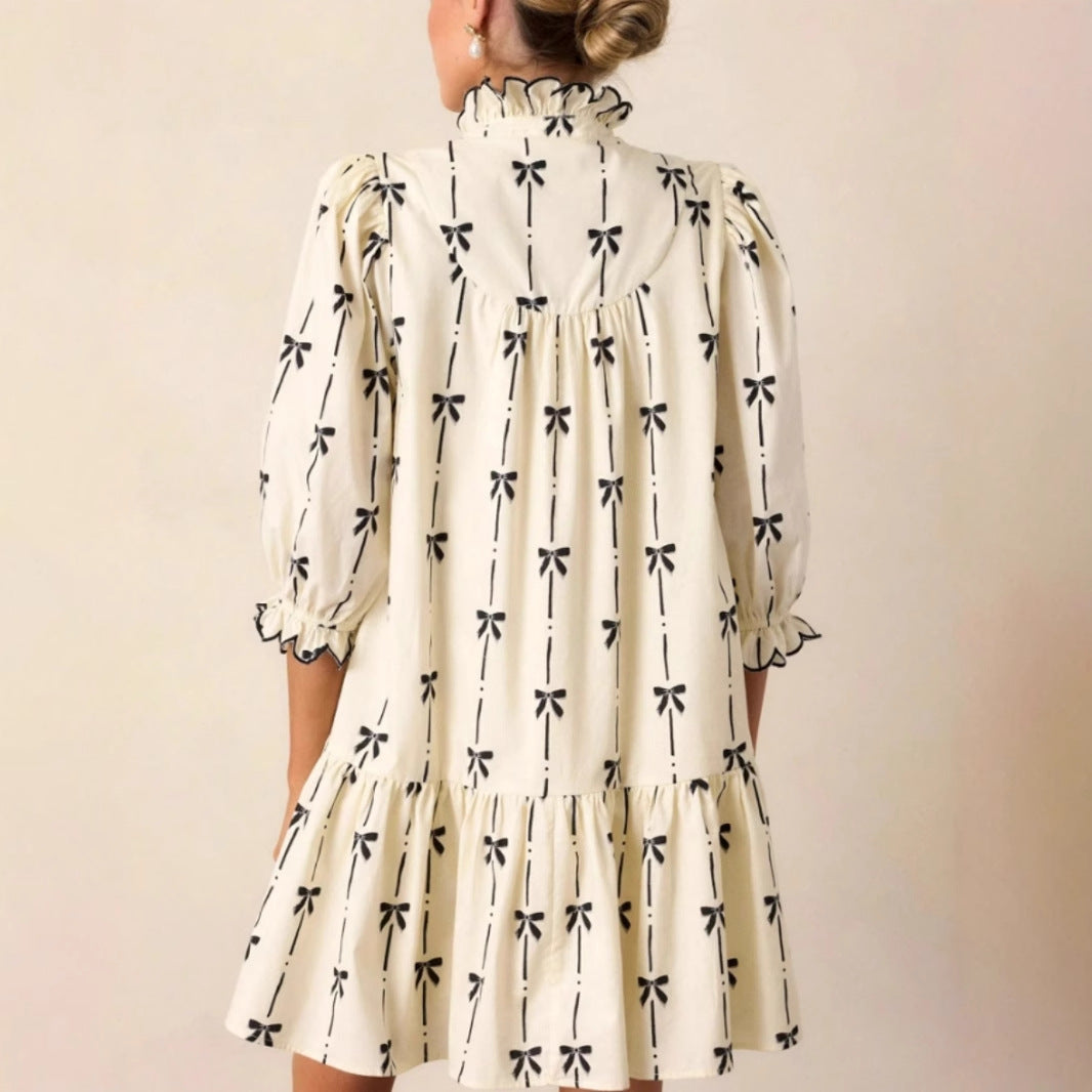 Damen luftiges Freizeitkleid mit Rüschen und zartem Schleifenprint R&B