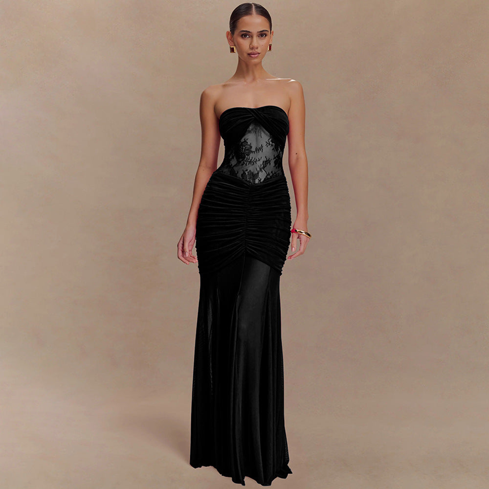 Damen Strapless Maxikleid mit raffinierten Drapierungen und Spitzen-Mix R&B