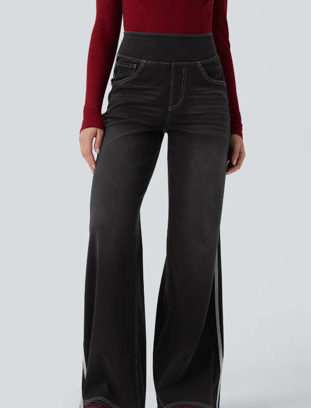 Damen weite Denim-Hose mit seitlichem Streifen und hohem Bund R&B