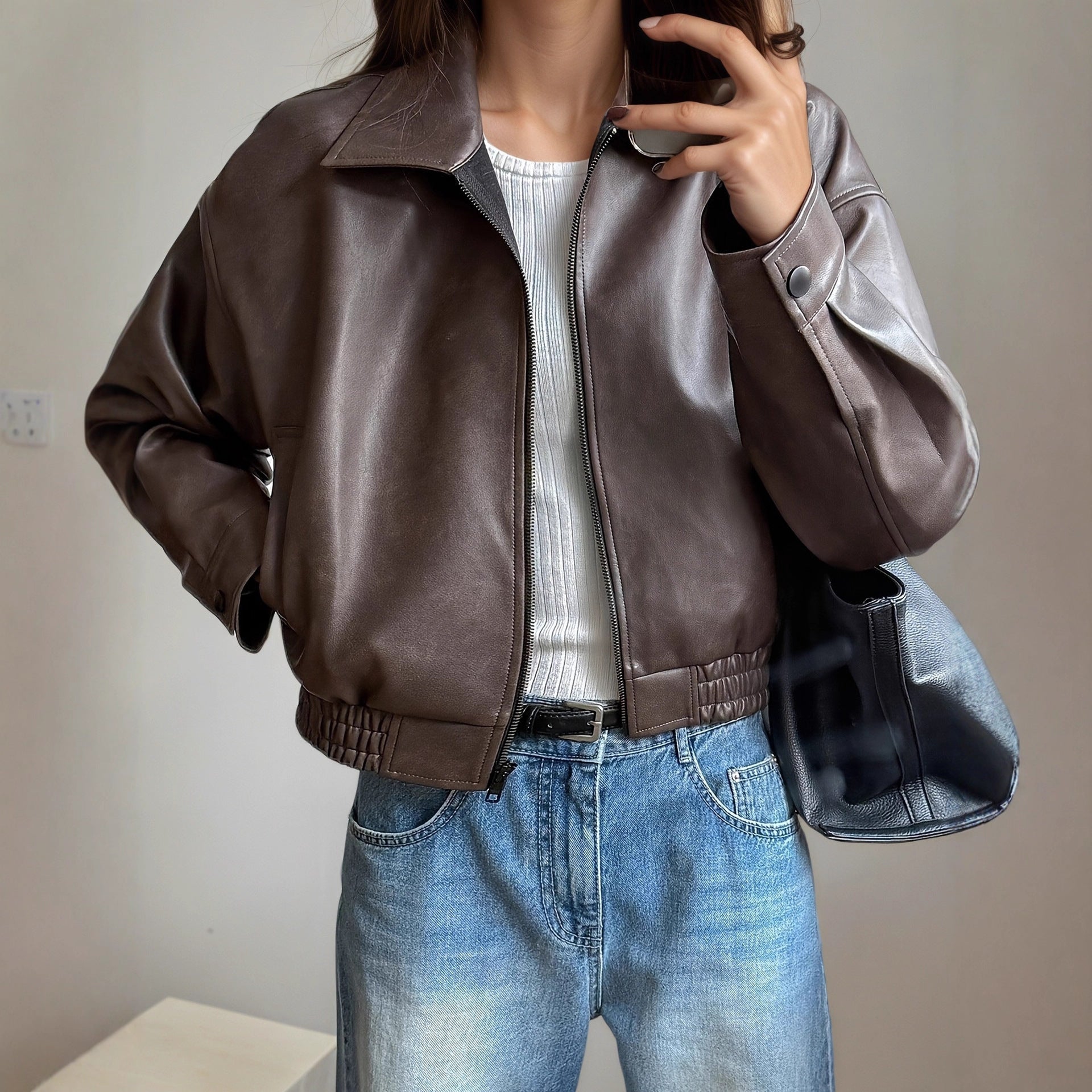 Damen Oversize Kunstlederjacke im modernen Look mit praktischem Reißverschluss und elastischem Bund R&B