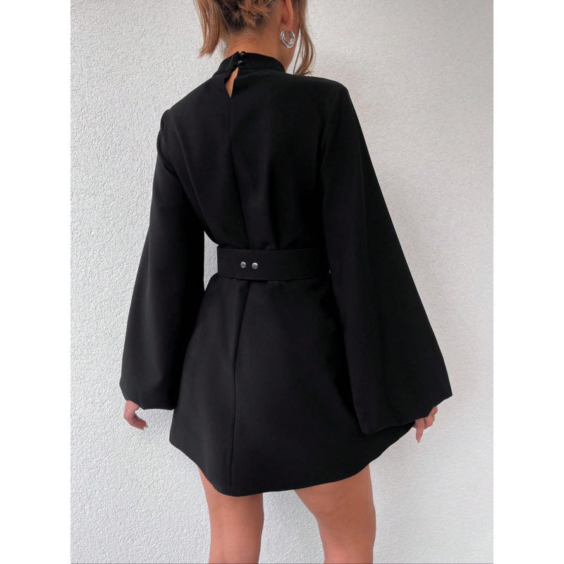 Damen elegante Minikleidung mit Gürtel und langen Ärmeln R&B