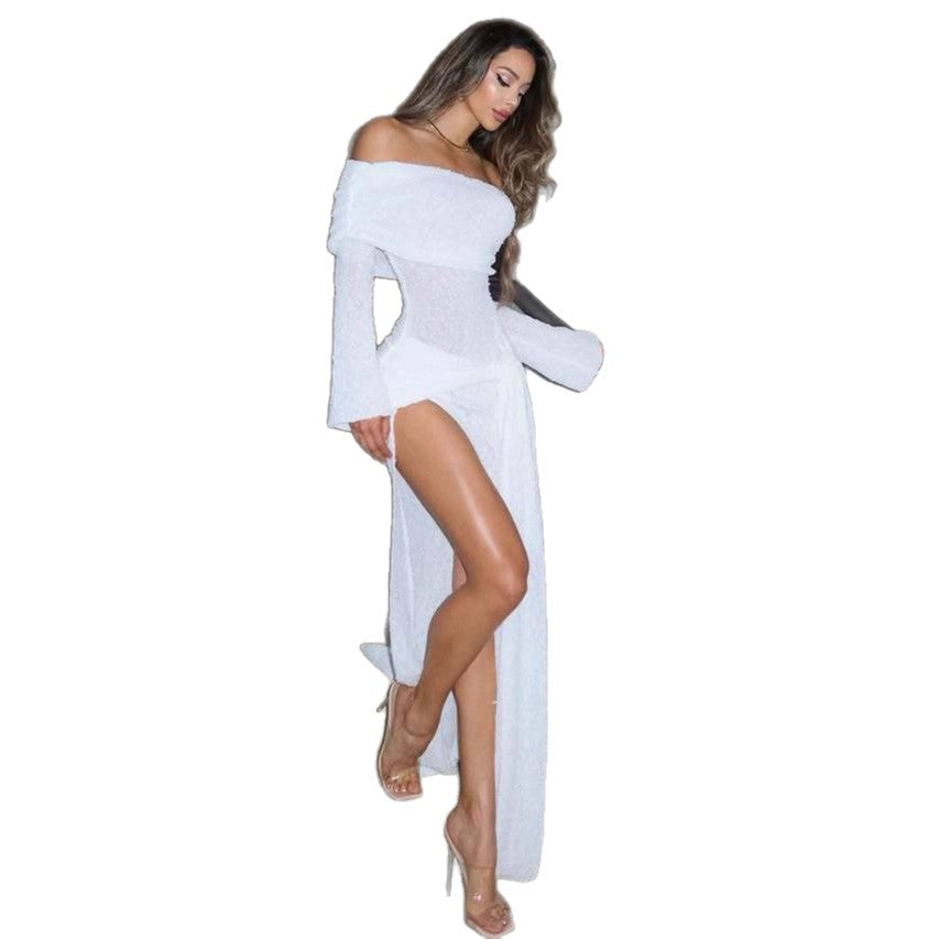 Damen Off-Shoulder Maxikleid mit fließendem Stoff und hohem Schlitz R&B