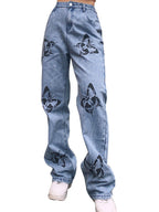 Damen Weit geschnittene Jeans mit kreativem Schmetterlingsdruck R&B