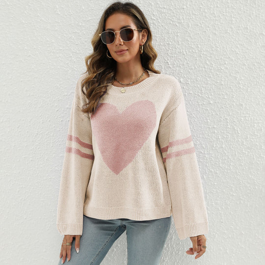 Damen Strickpullover mit Herzmotiv und lässigen Ärmelabschlüssen R&B