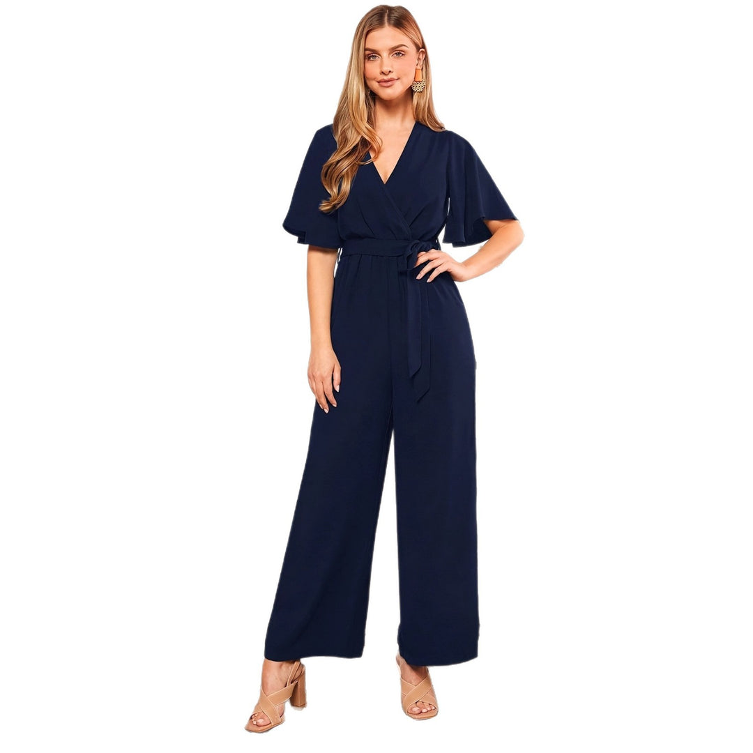 Damen eleganter Jumpsuit mit tiefem V-Ausschnitt und Poncho-Ärmeln R&B