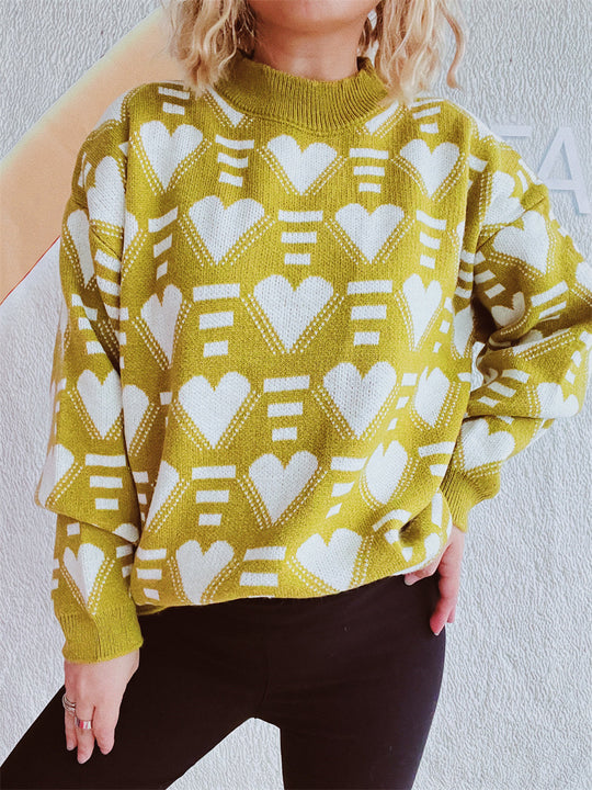 Damen gestrickter Pullover im modernen Herzdesign mit weitem Schnitt R&B