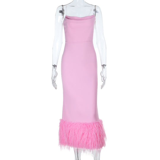 Damen Elegantes Midi-Kleid mit verführerischem Federbesatz R&B