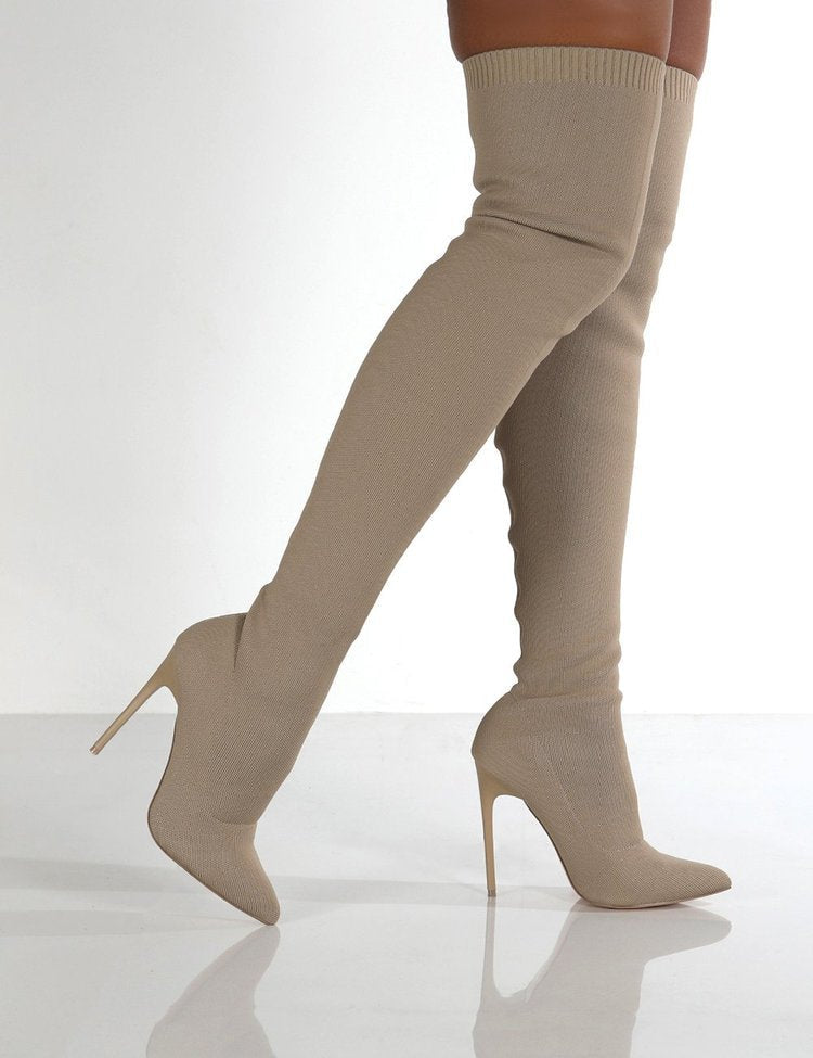 Damen Overknee Stiefel mit elegantem spitzem Absatz und modischem Strickdesign R&B