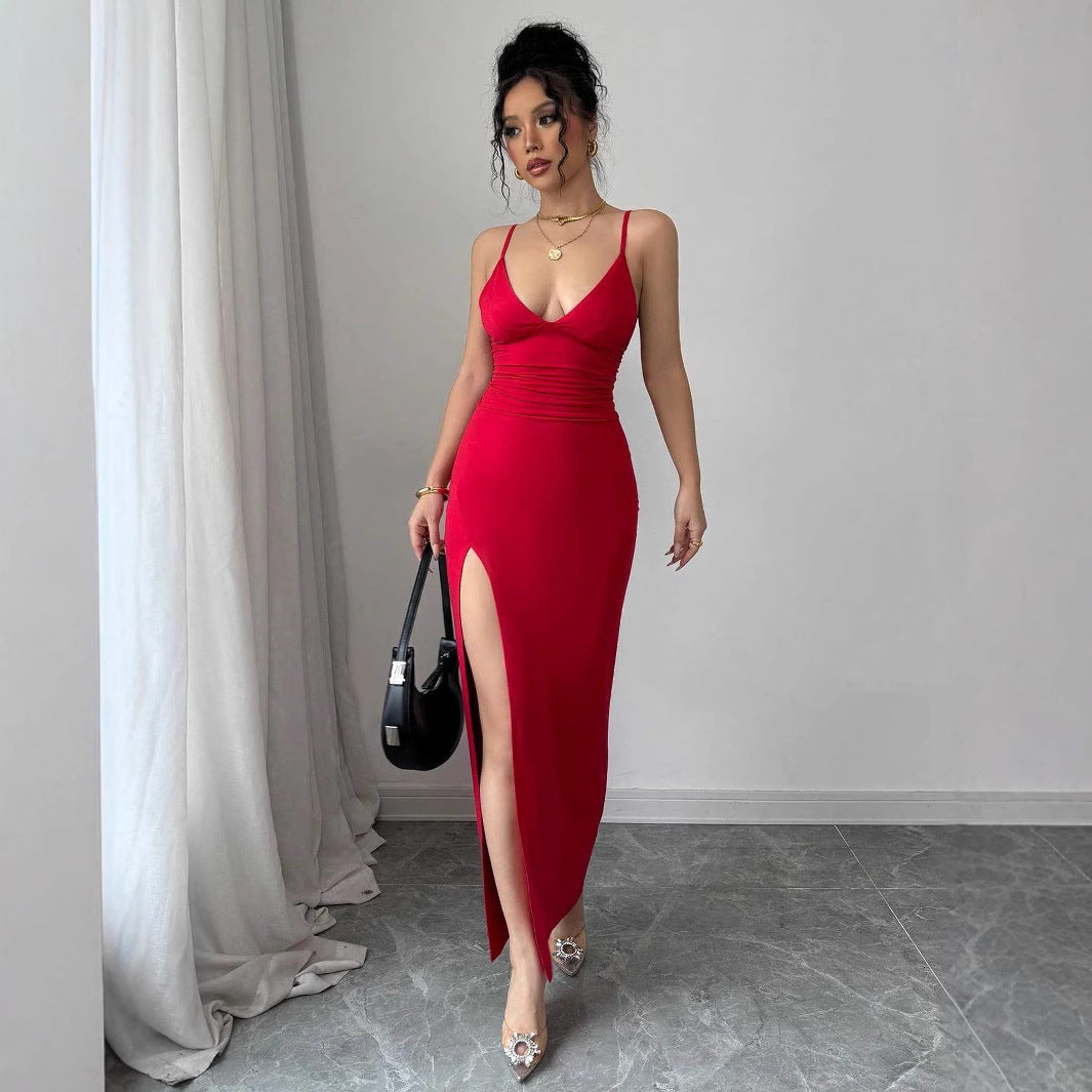 Damen Maxikleid mit seitlichem Schlitz und Spaghetti-Trägern R&B