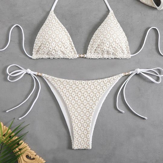 Damen Triangel-Bikini mit filigranem Blumendesign und charmanten Schleifen R&B
