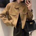 Damen Modische Kurzjacke im Stilmix mit Taschen und Knopfdetails R&B