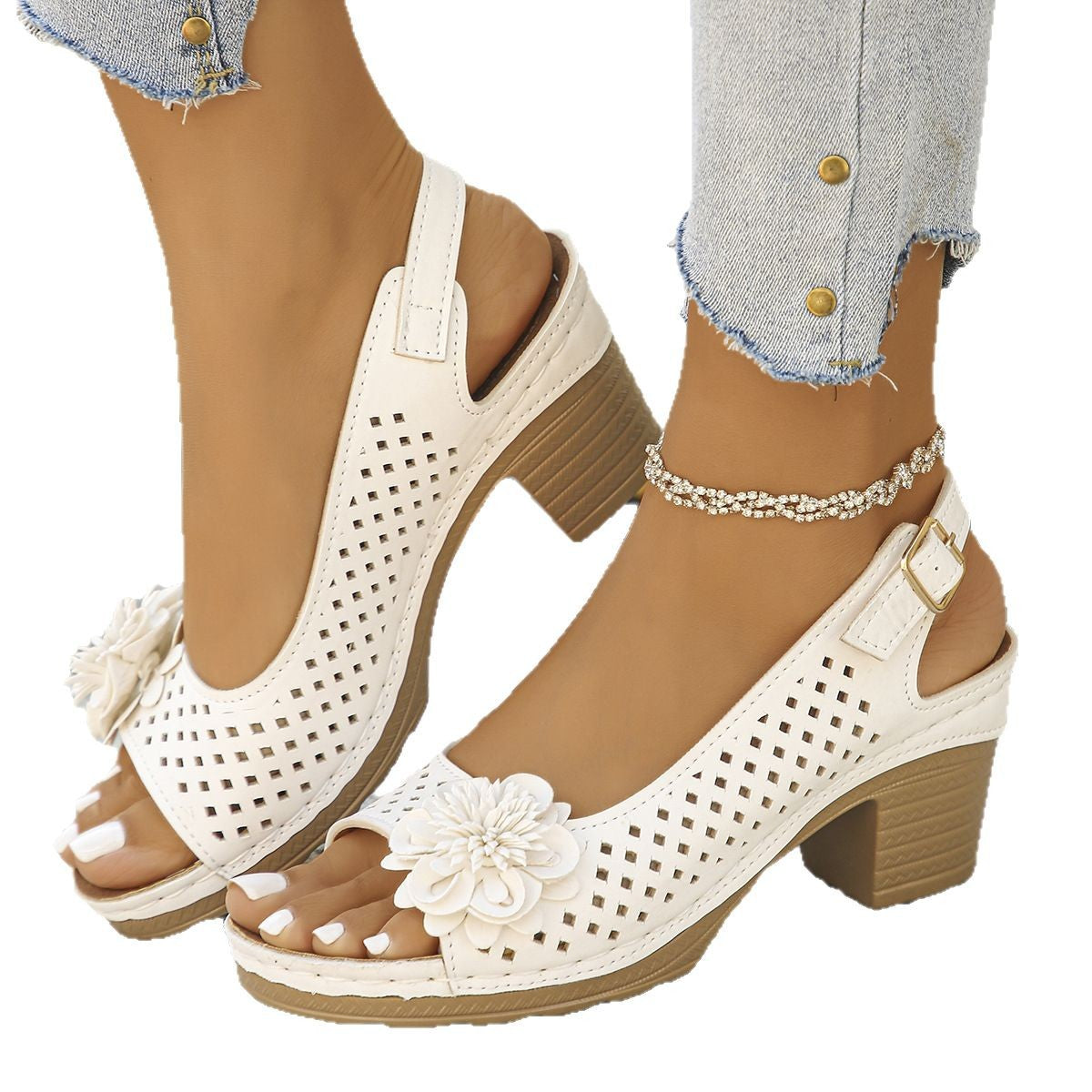 Damen offene Clogs mit floralen Applikationen und atmungsaktiver Löcherstruktur R&B