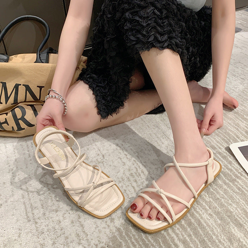 Damen elegante Riemensandalen mit gekreuztem Schnürdesign EB
