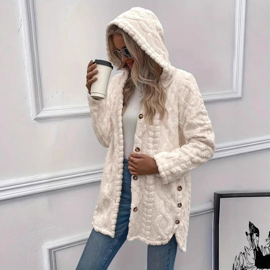 Damen Plüschjacke mit Kapuze und Knopfverschluss R&B