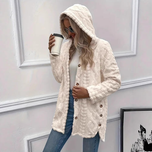 Damen Plüschjacke mit Kapuze und Knopfverschluss R&B
