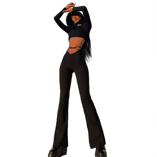 Damen Figurbetontes Cut-Out Lounge-Set mit hoher Taille und Flared Hosen R&B