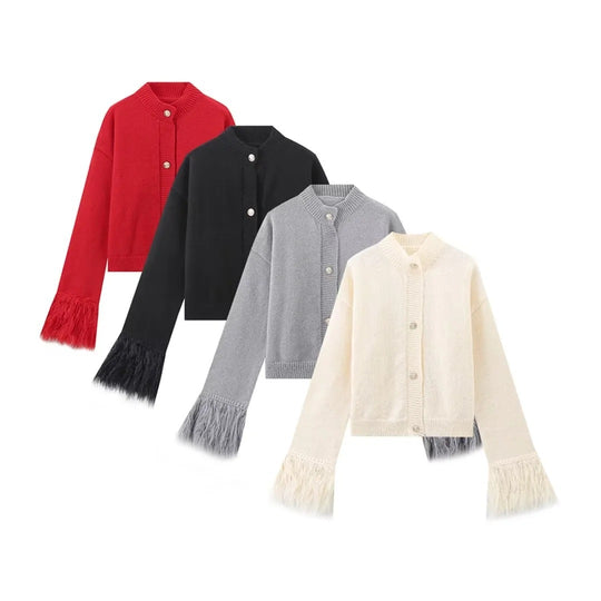 Damen lässige Strickjacke mit dekorativen Fransen und hochwertigen Knöpfen R&B