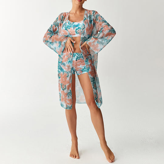 Damen Strandoutfit mit floralem Design und transparentem Kaftan R&B