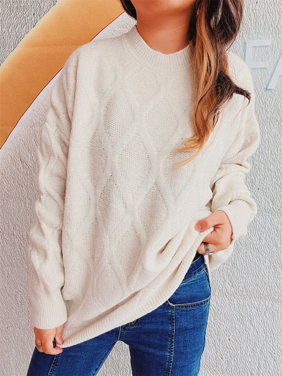 Damen Grobstrickpullover mit elegantem Rautenmuster und voluminösen Ärmeln R&B