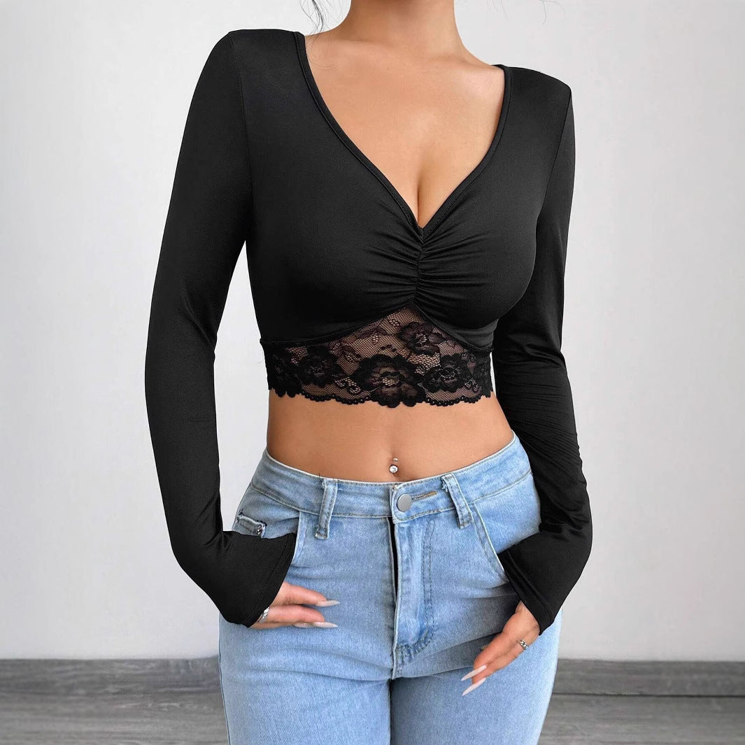 Damen Cropped Langarmshirt mit raffiniertem Spitzenbesatz R&B