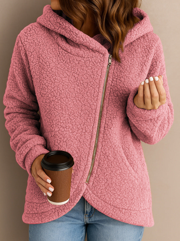 Damen Flauschige Kapuzenjacke mit asymmetrischem Reißverschluss R&B