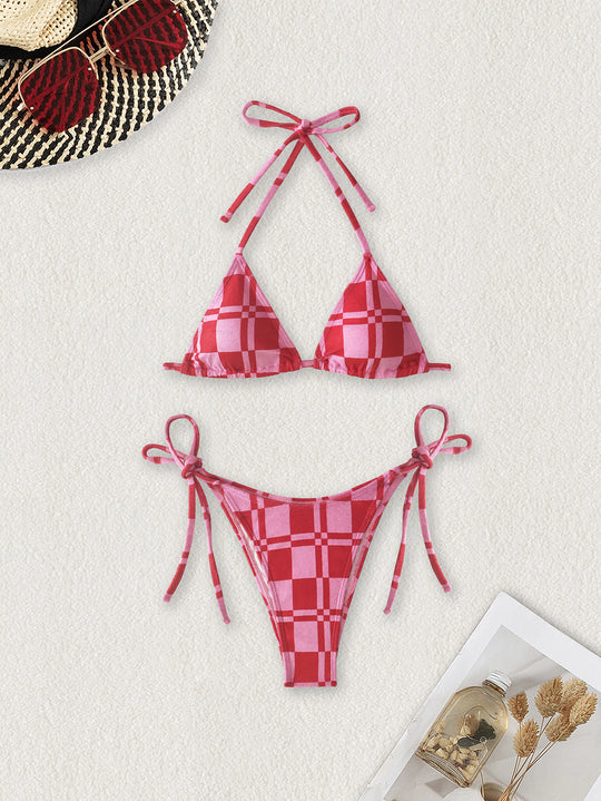 Damen Triangel-Bikini mit verstellbaren Bindebändern und frischem Streifenmuster R&B