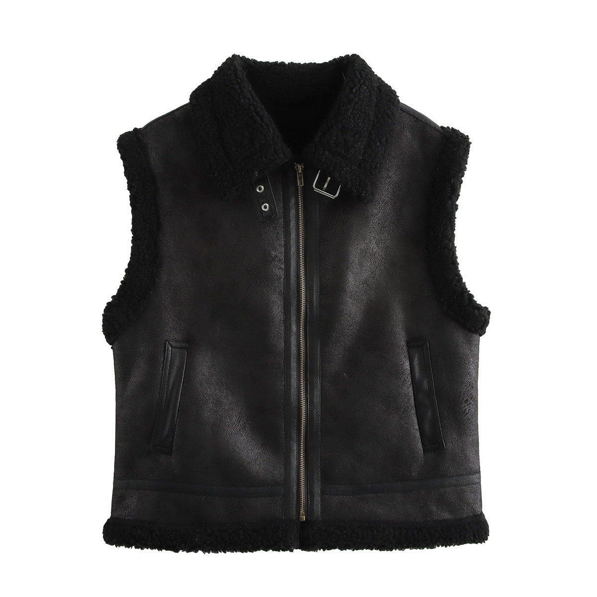Damen Teddyweste mit hohem Kragen und Kunstlederelementen R&B