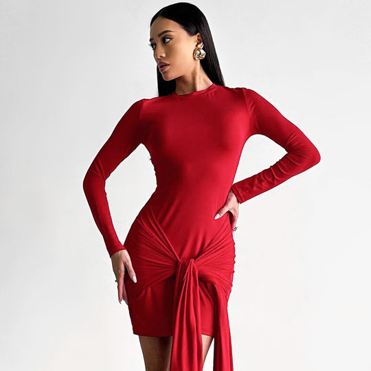 Damen Langärmliges Wickelkleid mit asymmetrischem Saum und tailliertem Schnitt R&B