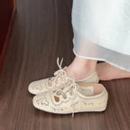 Damen Ballerina-Slipper mit dekorativer Schnürung und filigranem Spitzenmuster R&B