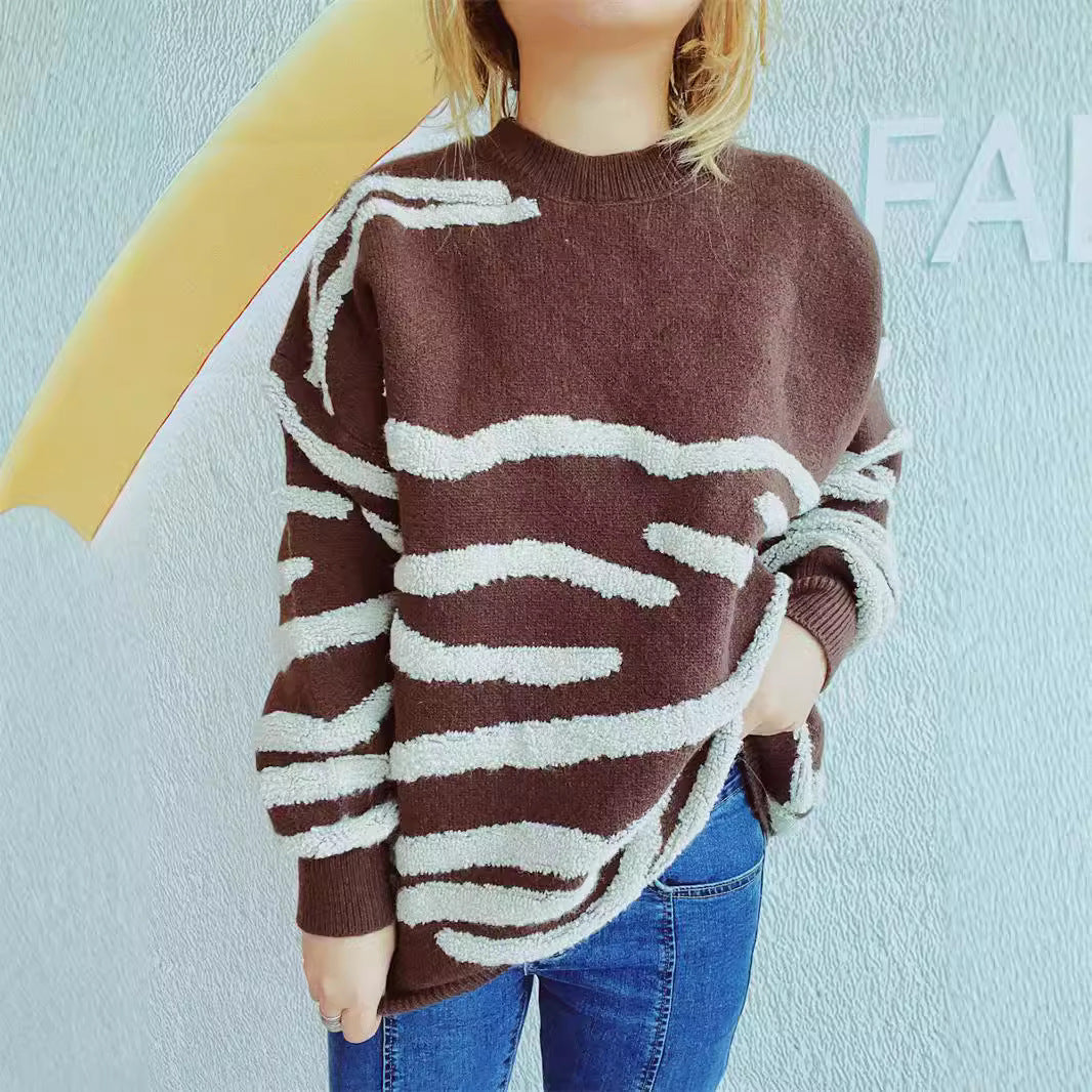 Damen lässiger Strickpullover mit modernem ZR&Brastreifenmuster R&B