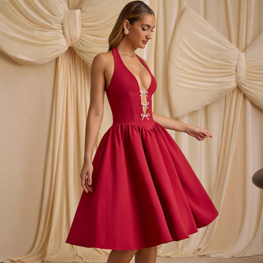 Damen A-Linien Kleid mit tiefem V-Ausschnitt und dekorativen Schleifen R&B