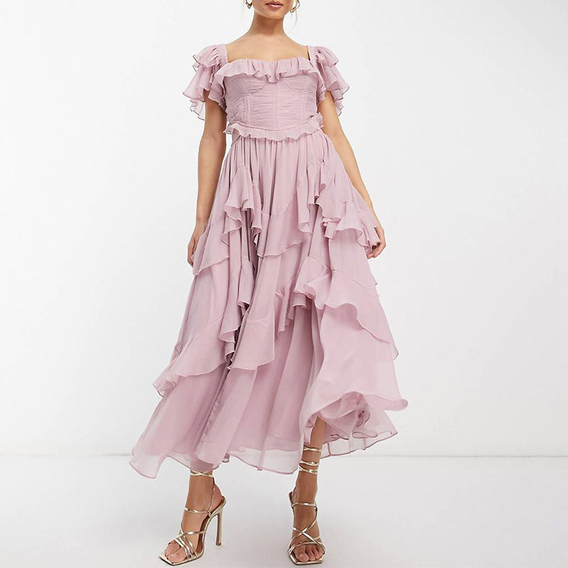 Damen Rüschen Maxikleid mit fließendem Schnitt und romantischem Design R&B