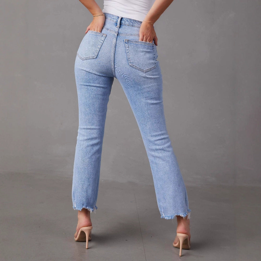 Damen Flared Jeans mit fransigen Säumen und modischem Distressed-Effekt R&B