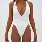 Damen Einteiliger Badeanzug mit tiefem V-Ausschnitt und stilvollem Wickel-Design R&B