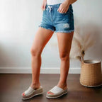 Damen Denim-Shorts mit Elastikbund und Destroyed-Effekten R&B