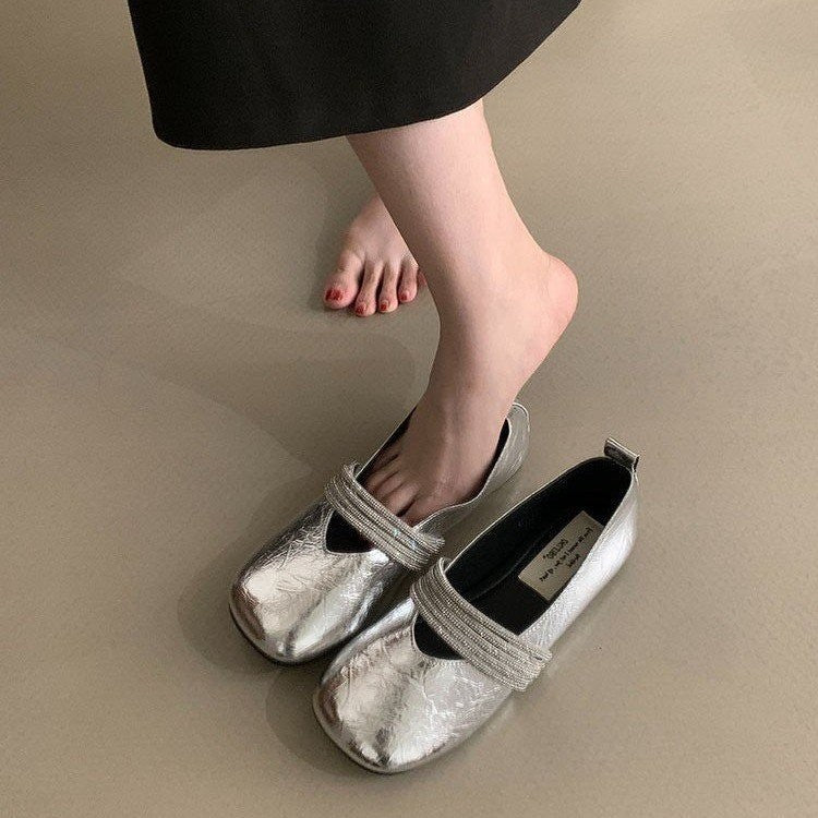 Damen elegante Ballerinas mit dekorativem Riemchen und schimmernder Oberfläche R&B