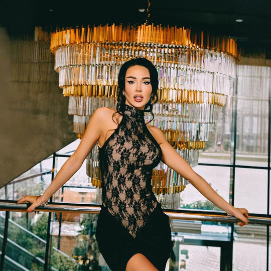 Damen elegantes Transparentes Spitzenkleid mit asymmetrischem Rock R&B