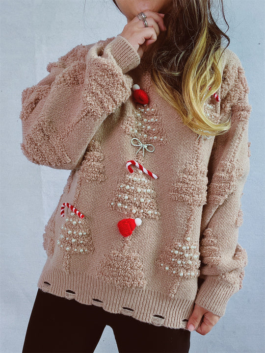 Damen festlicher Pullover mit kreativen Weihnachtsmotiven und strukturiertem Design R&B
