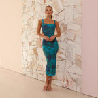 Damen Figurbetontes Maxikleid mit ästhetischem Blumendesign und Schlitzdetails EB