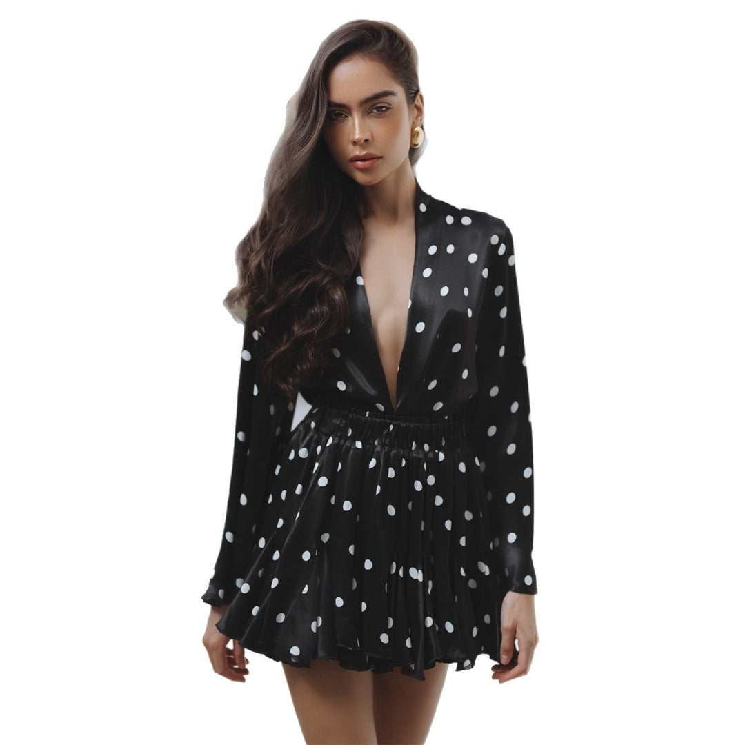 Damen Polka Dots Minikleid mit V-Ausschnitt und weitem Ärmel R&B