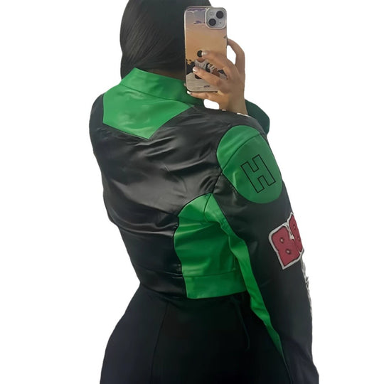 Damen trendige cropped Bikerjacke mit sportlichen Patches R&B