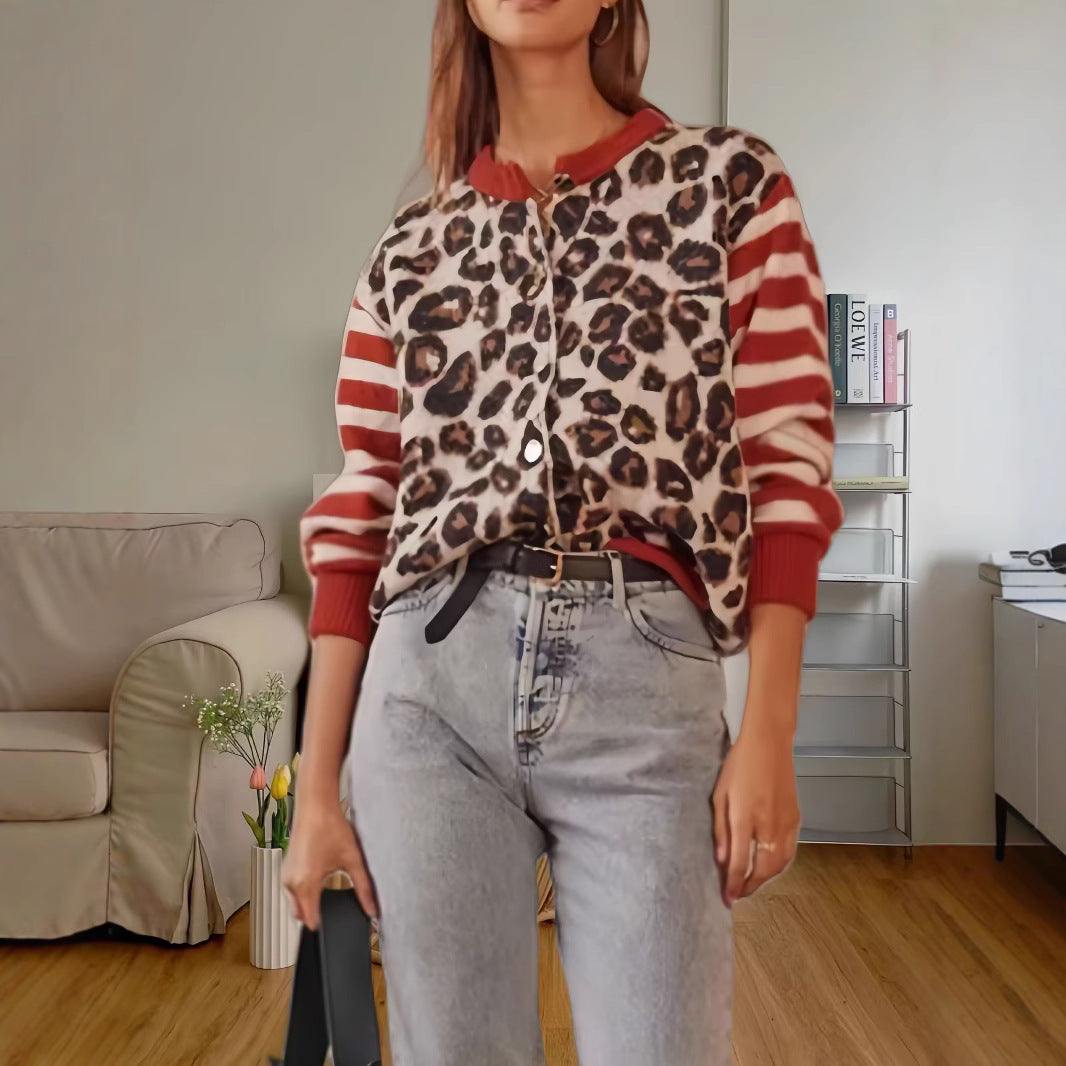 Damen Modische Jacke mit Tiermuster und gestreiften Ärmeln R&B