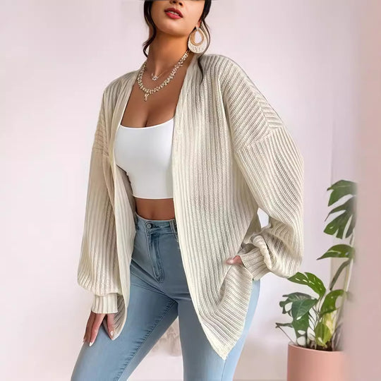 Damen Lässige Strickjacke mit weit geschnittenen Ärmeln und Rippenstruktur R&B