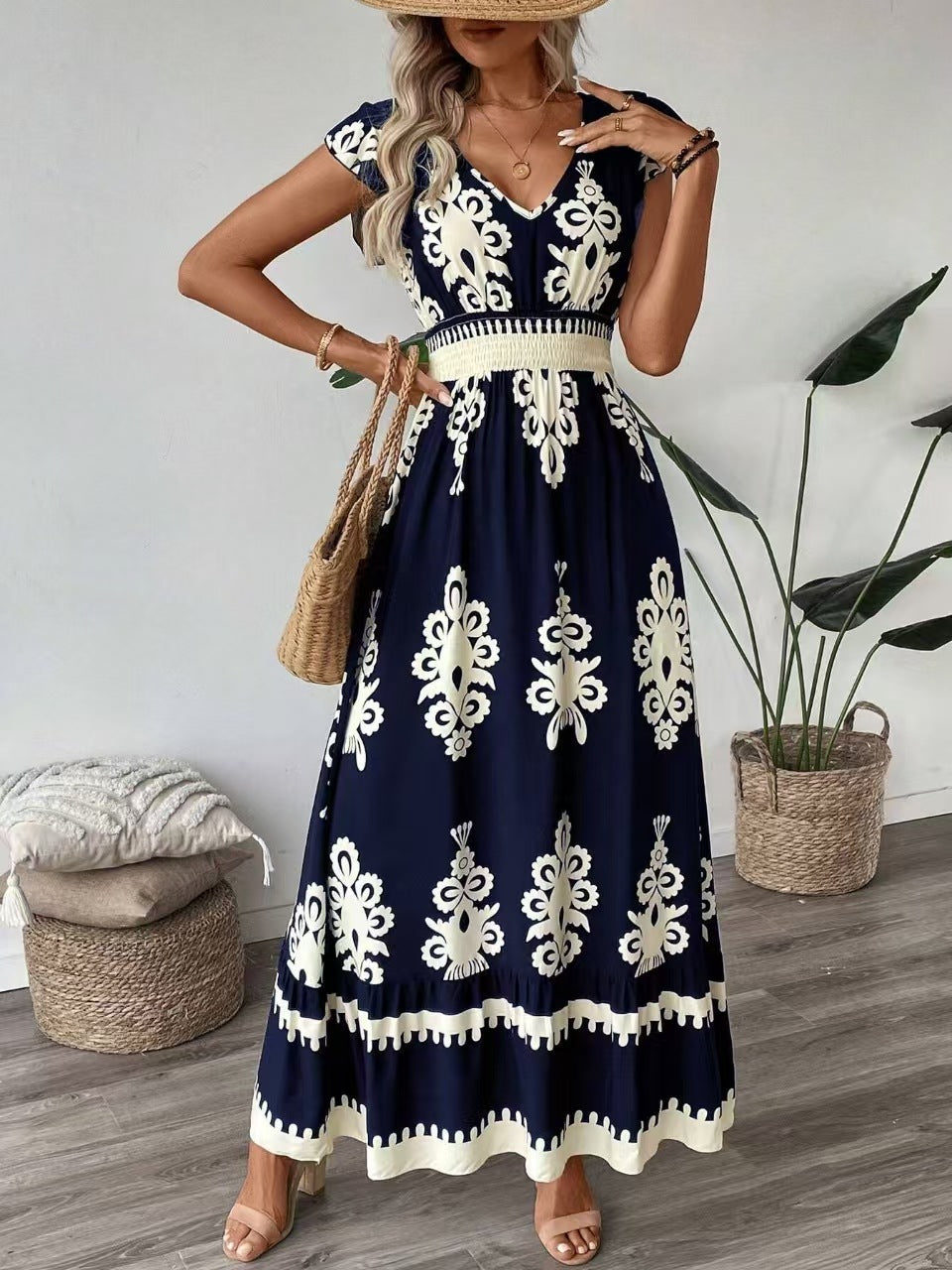 Damen Maxikleid mit floralem Muster und V-Ausschnitt R&B