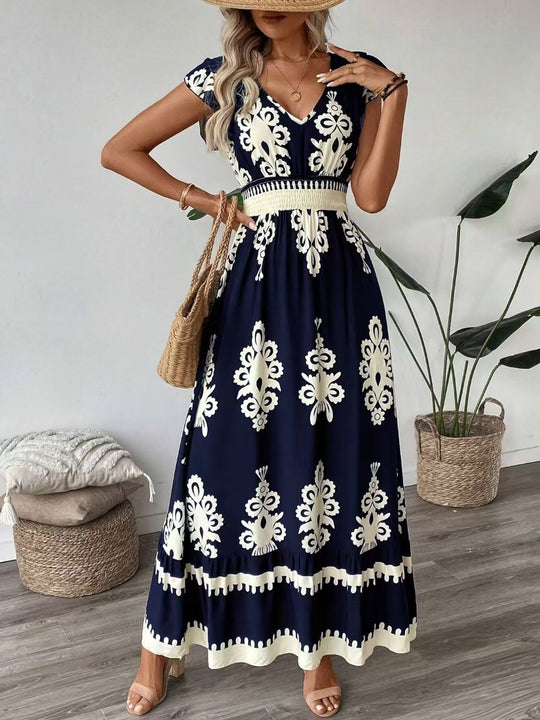 Damen Maxikleid mit floralem Muster und V-Ausschnitt R&B