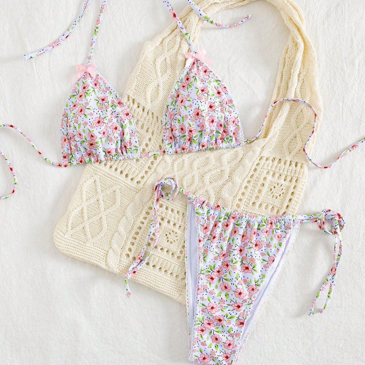 Damen Triangel-Bikini mit floralem Muster und vielseitigem Höschen