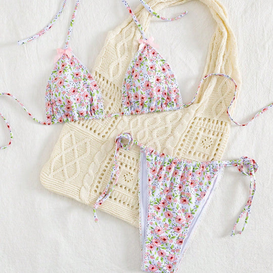 Damen Triangel-Bikini mit floralem Muster und vielseitigem Höschen R&B