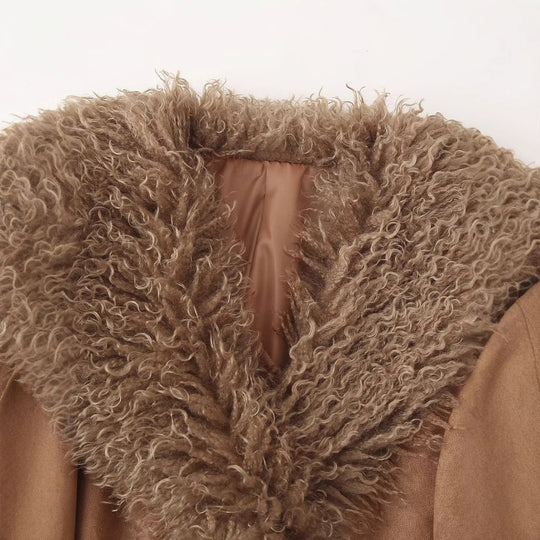 Damen Elegante Teddyjacke mit Taillengürtel und voluminösem Kragen R&B