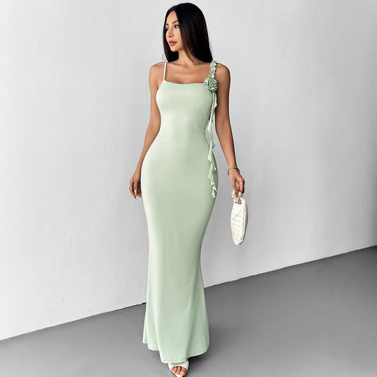 Damen Elegantes Maxikleid mit floralem Necktie und asymmetrischen Rüschen R&B